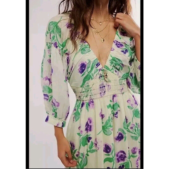 Free People Maxi Dress Golden Hour V-Neck Floral Multicolor 3/4 Sleeves XS Boho - Picture 3 of 12